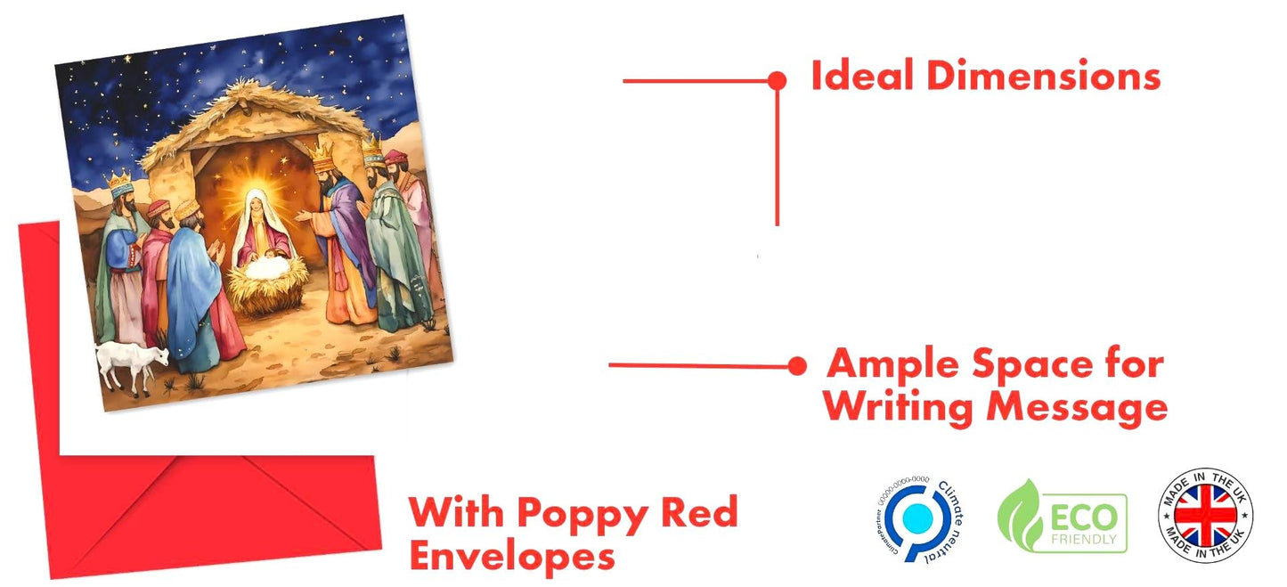 Pack of 16 Charity Christmas Cards 2024 with Envelopes - Religious Luxury Christmas Cards Multipack, Xmas Cards Featuring 4 Unique Nativity Scenes (125 x 125 mm) - Greeting cards for Family & Friends