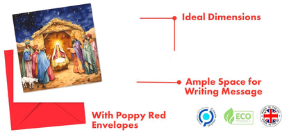 Pack of 16 Charity Christmas Cards 2024 with Envelopes - Religious Luxury Christmas Cards Multipack, Xmas Cards Featuring 4 Unique Nativity Scenes (125 x 125 mm) - Greeting cards for Family & Friends