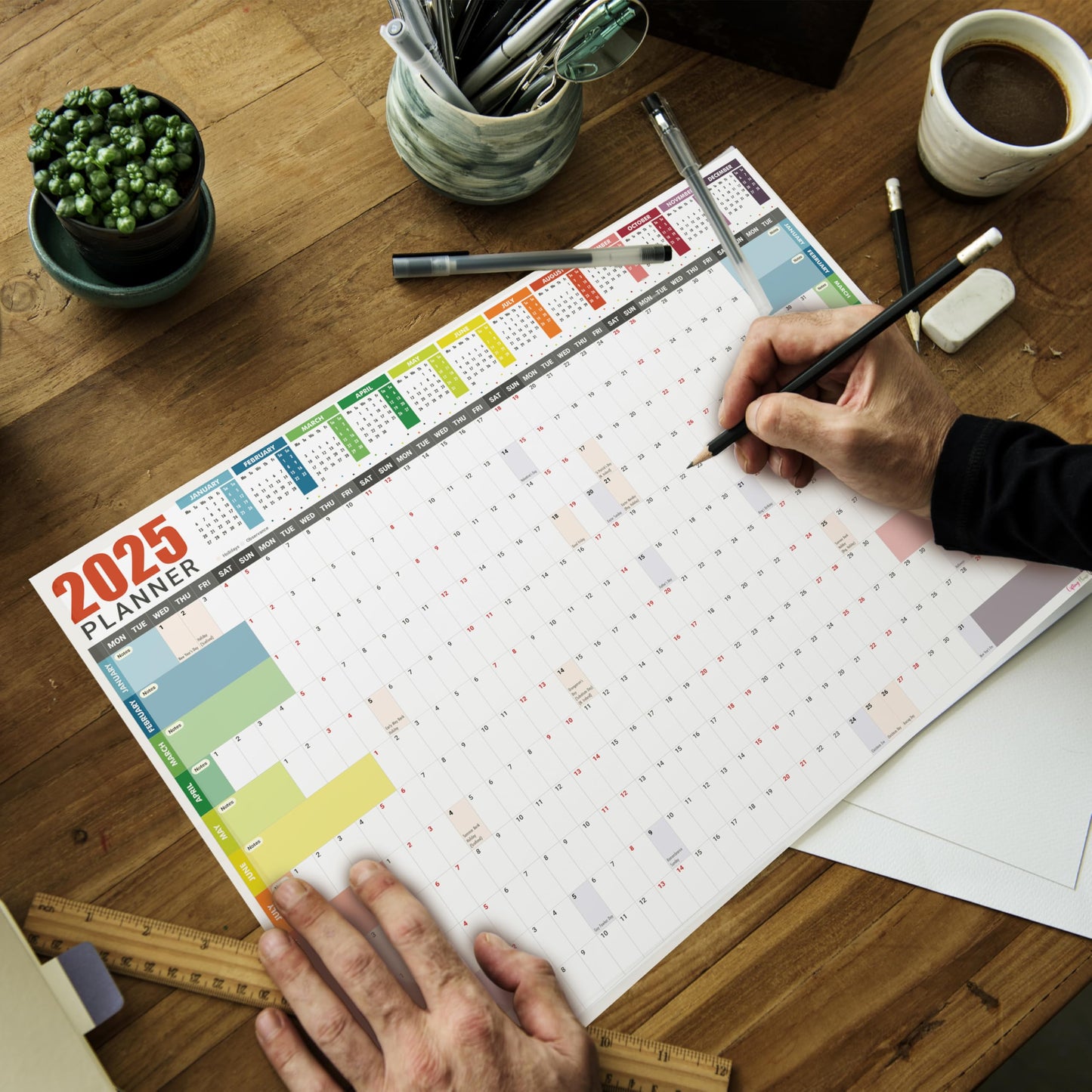 2025 Wall Planner A3 (42 x 29.7cm) - Jan To Dec Full Year Uncoated Wall Planner 2025 UK - Wall Calendar 2025 with mount stickers for home, office and school