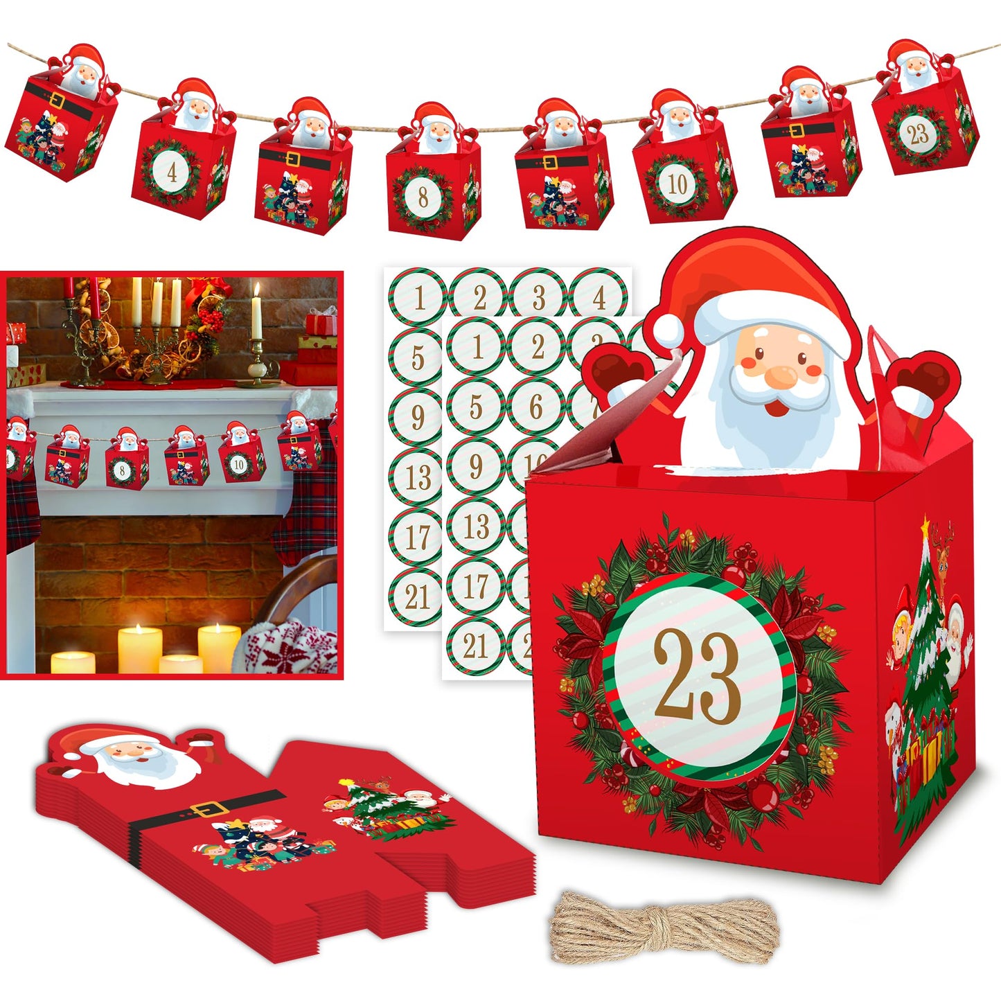 DIY Christmas Advent Calendar 2024 - Empty Advent Calendar to Fill Yourself - Fill your own advent calendar 24 Santa Boxes with Stickers and Jute - Kids Advent Calendar