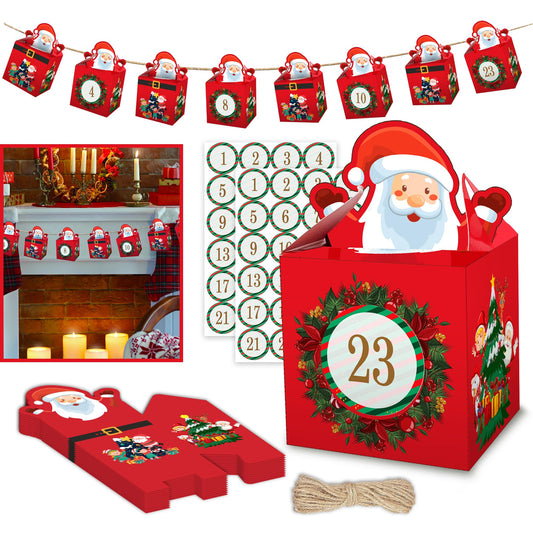 DIY Christmas Advent Calendar 2024 - Empty Advent Calendar to Fill Yourself - Fill your own advent calendar 24 Santa Boxes with Stickers and Jute - Kids Advent Calendar