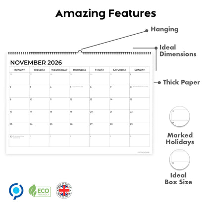 18 Month Calendar 2025-2026 - A4 Wall Calendar UK - A3 When Opened - 42x31cm from July 2025 to December 2026 – Month-to-View Planner with Notes Pages for Each Month.