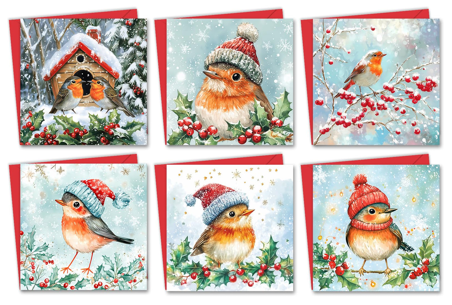 24 Christmas Cards 2024 Multipack with Envelopes - Christmas Cards Pack - Xmas Cards - Featuring Robin Christmas Cards Pack of 6 Robin Designs (125x125 mm)