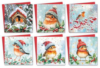 24 Christmas Cards 2024 Multipack with Envelopes - Christmas Cards Pack - Xmas Cards - Featuring Robin Christmas Cards Pack of 6 Robin Designs (125x125 mm)