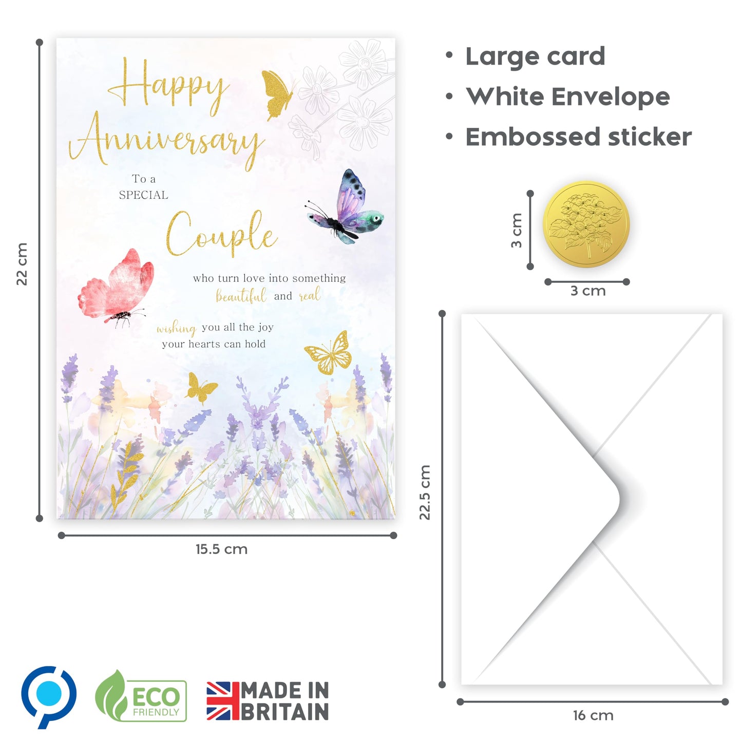 Happy Anniversary Card for Couple – Elegant Gold Foil Butterfly Design with Sticker – Large 22 x 15.5 cm with Inside Message – Wedding Anniversary Card for a Special Couple – Made in the UK