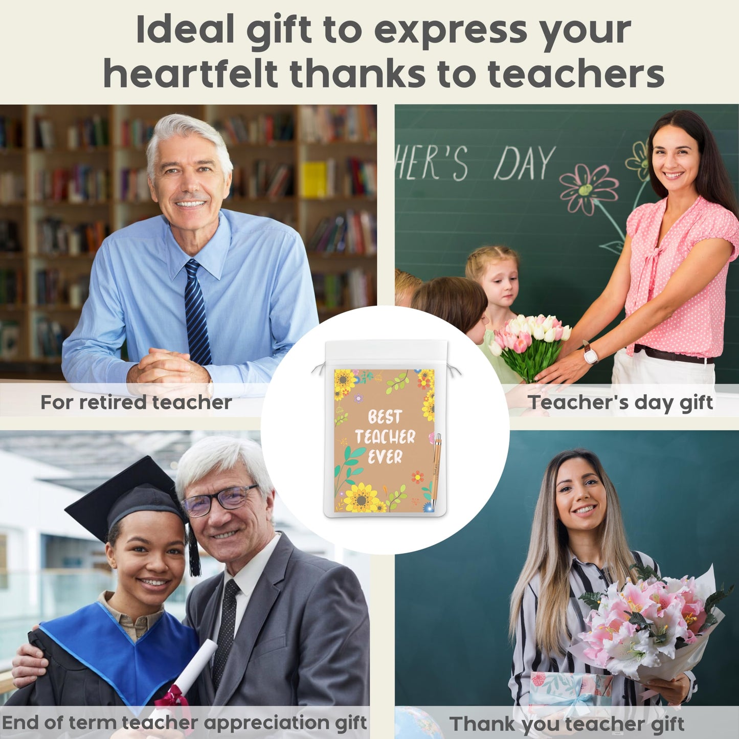 6 Pack Thank You Teacher Gifts for Women & Men – Includes 6 Appreciation Thank You Teacher Cards with Bamboo Pens and Gift Bags – End of Year, Leaving, Graduation or Christmas Gifts for Teachers