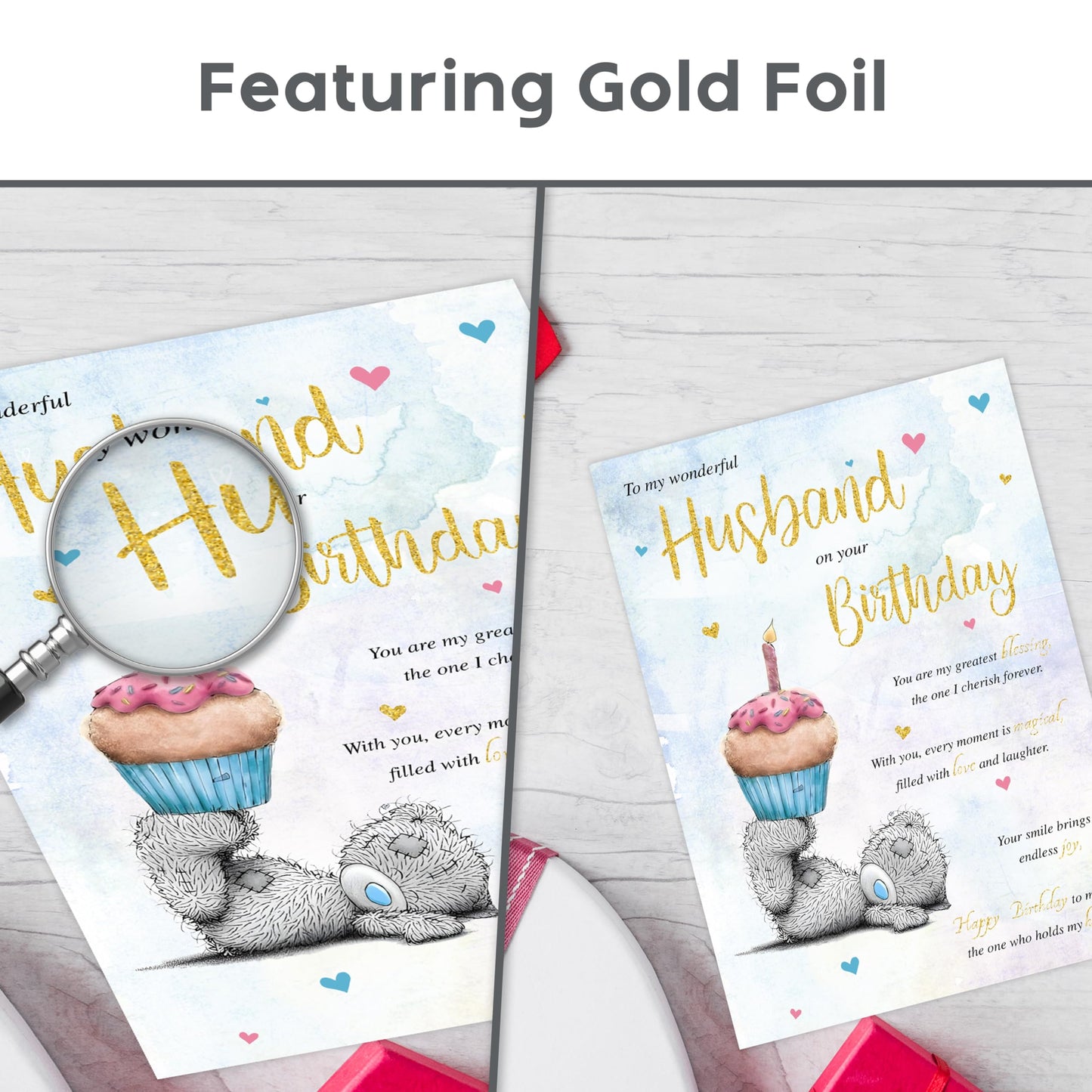 Husband Birthday Card from Wife – Cute Teddy Bear Design – Gold Foil Finish – Birthday Card for Husband – 22 x 15.5 cm – Made in the UK