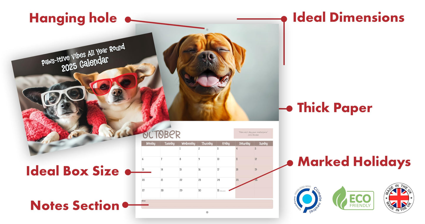 Wall Calendar 2025 UK - A4 Dog 2025 Calendar, Month-to-View (Jan 2025 - Dec 2025) - Eco-Friendly, A3 When Open, Made in the UK
