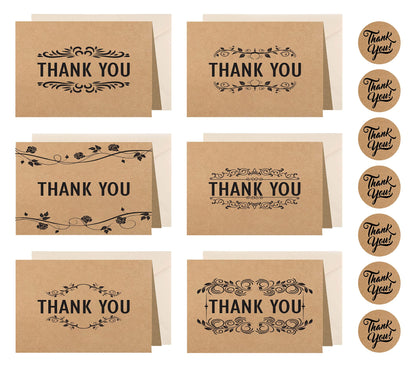 24/36 Thank You Cards Foiled Pack, Thank You Cards Multipack with envelopes and stickers for Christmas, Kids, Weddings, Graduation, Ivory coloured Paper envelopes, Kraft greeting cards are 150 X 100mm by Giftinghouse.