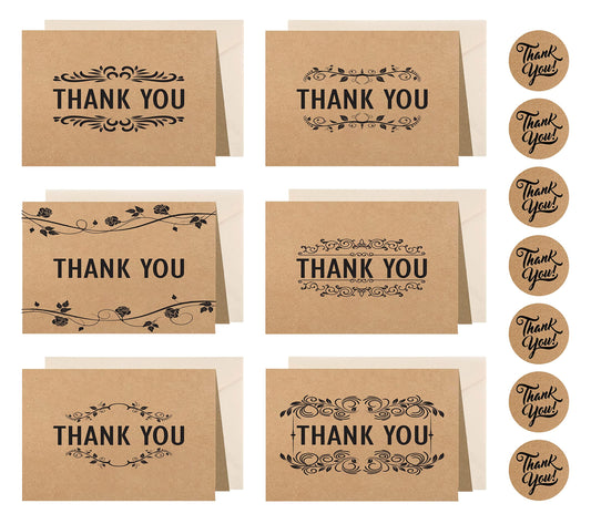 24/36 Thank You Cards Foiled Pack, Thank You Cards Multipack with envelopes and stickers for Christmas, Kids, Weddings, Graduation, Ivory coloured Paper envelopes, Kraft greeting cards are 150 X 100mm by Giftinghouse.