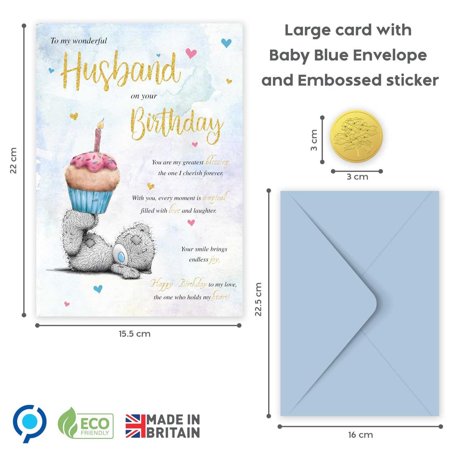 Husband Birthday Card from Wife – Cute Teddy Bear Design – Gold Foil Finish – Birthday Card for Husband – 22 x 15.5 cm – Made in the UK