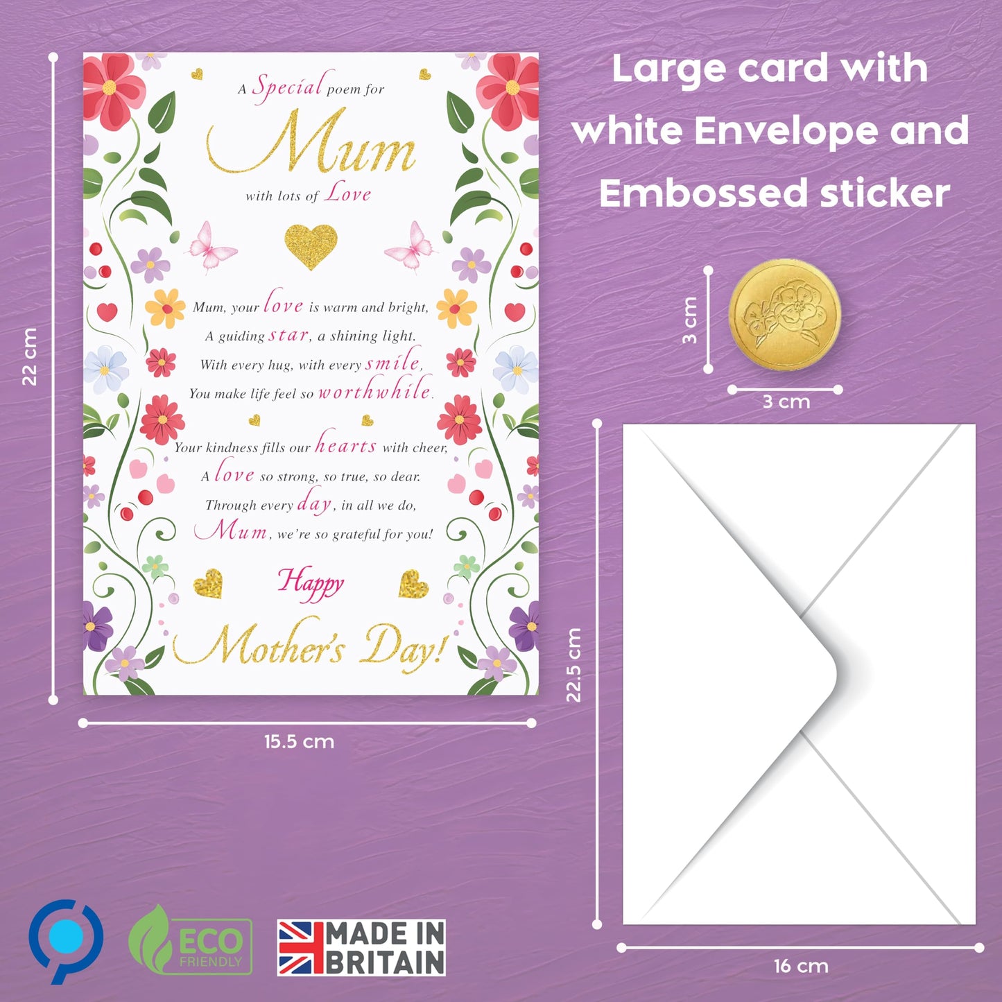 Traditional Mother's Day Card for Mum | Gold Foil card with Special poem for Mum | Happy Mothers Day Card from Daughter or Son | 22x15.5 cm | Eco-Friendly 350 GSM - Embossed Seal | Made in the UK