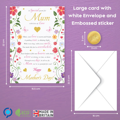 Traditional Mother's Day Card for Mum | Gold Foil card with Special poem for Mum | Happy Mothers Day Card from Daughter or Son | 22x15.5 cm | Eco-Friendly 350 GSM - Embossed Seal | Made in the UK