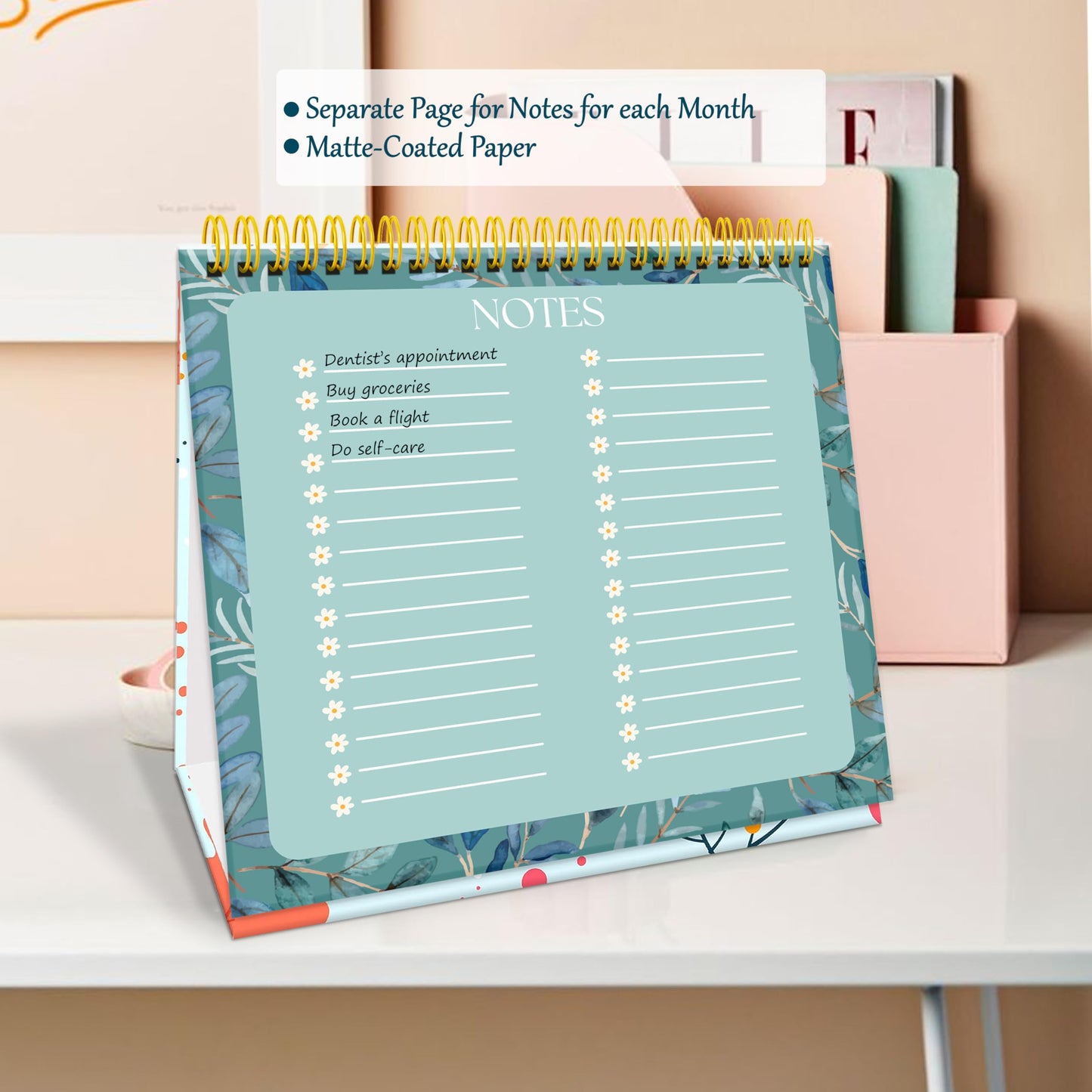Luxury Desk Calendar 2025-2025 Desk Calendar UK from Jan to Dec. 2025, Month to view desk top flip over calendar with 12 Notes Pages.