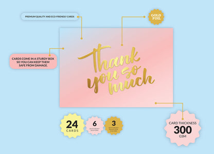 Giftinghouse 3D Foil Thank You Cards Multipack with Envelopes - Embossed Foil Greeting Cards for Wedding, Kids, Teachers, Notes and Gifts (48 PACKS)