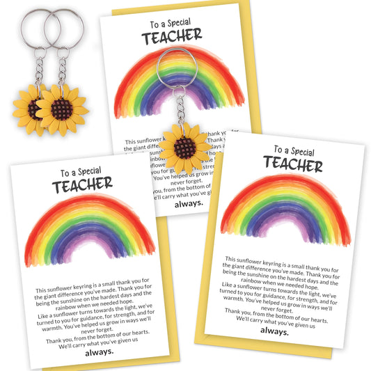 Thank You Teacher Gifts for Women & Men – 3 Pack of Teacher Thank You Card with Sunflower Keyring – End of the year, Leaving, Retirement Gift for Teachers – Rainbow Design – Made in the UK