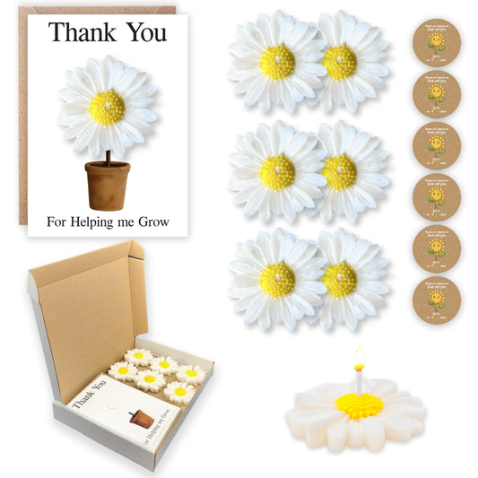 Thank You Teacher Gifts for Women – 6 Handmade Daisy-Shaped Candle with Thank You Post Cards & Stickers – Ideal for Nursery, End of Year, Leaving, Graduation, Retirement or Christmas Gifts for Teacher