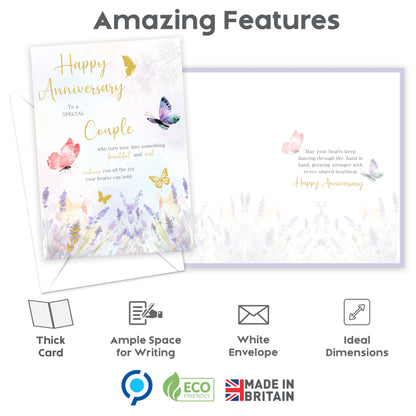 Happy Anniversary Card for Couple – Elegant Gold Foil Butterfly Design with Sticker – Large 22 x 15.5 cm with Inside Message – Wedding Anniversary Card for a Special Couple – Made in the UK