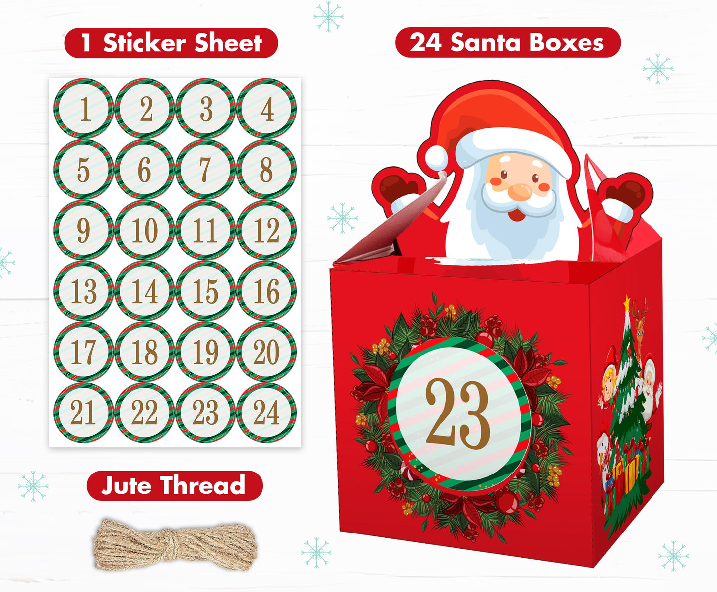 DIY Christmas Advent Calendar 2024 - Empty Advent Calendar to Fill Yourself - Fill your own advent calendar 24 Santa Boxes with Stickers and Jute - Kids Advent Calendar