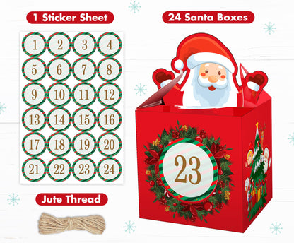 DIY Christmas Advent Calendar 2024 - Empty Advent Calendar to Fill Yourself - Fill your own advent calendar 24 Santa Boxes with Stickers and Jute - Kids Advent Calendar