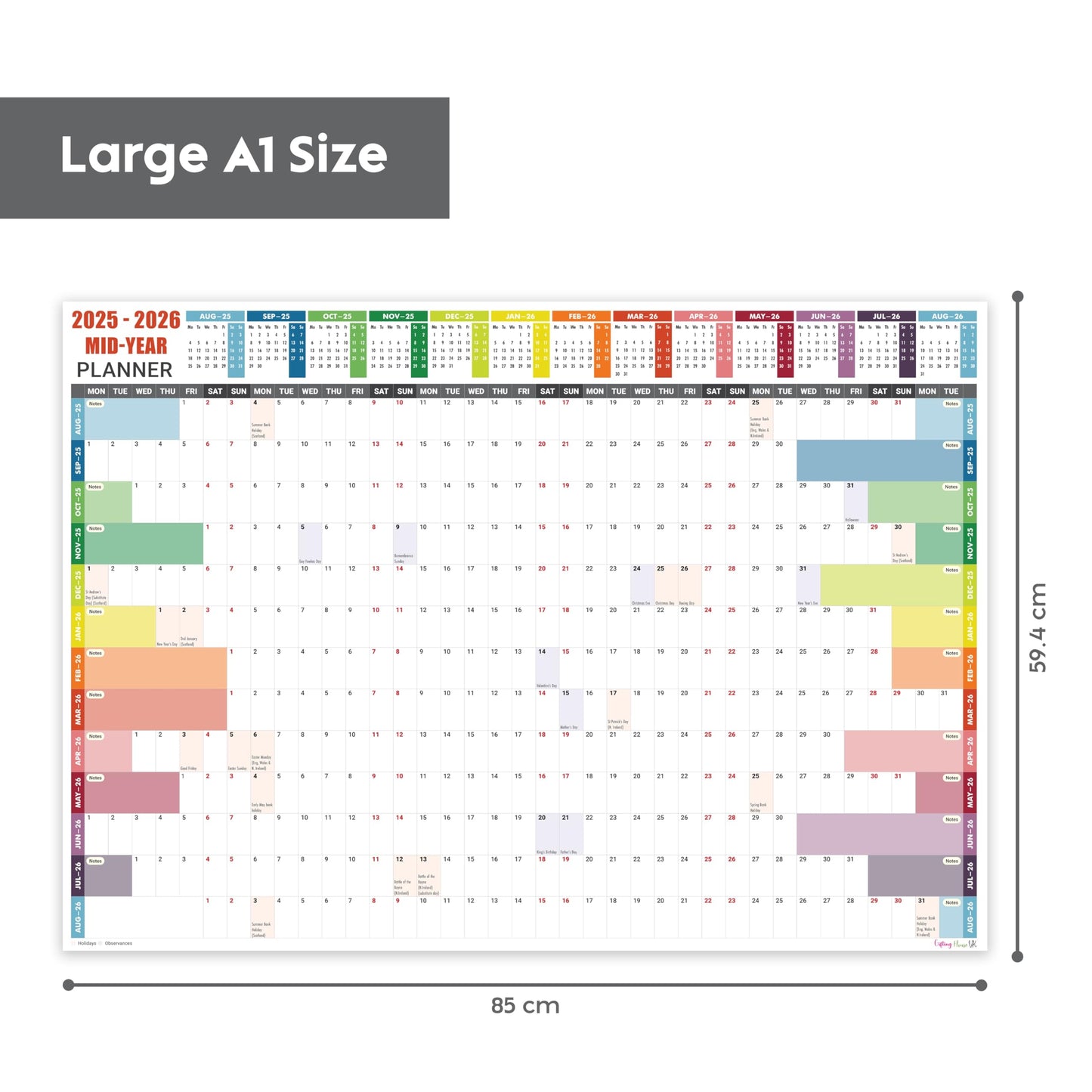 Academic Wall Planner 2025-2026 A1 Laminated – Wall Calendar from August 2025 to August 2026 – Large Size (85 x 59.4 cm) – 13 Months Mid Year Wall Planner 25/26 – Marked Holidays - Notes Space