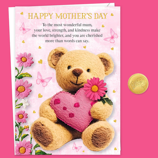 Mothers Day Card for Mum | Gold Foil Cute Teddy Bear Design with Pink Heart | Embossed Sticker & Envelope | Happy Mother’s Day Card from Daughter or Son | 22x15.5 cm | Eco-Friendly 350 GSM