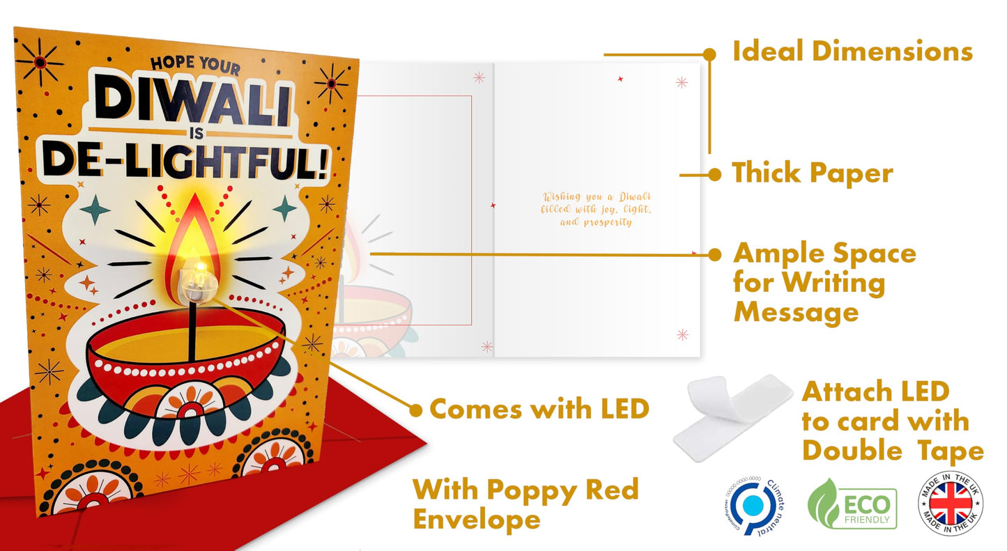 3D Light-Up Diwali Card with Envelope – Eco-Friendly Happy Diwali Card with Diya Design – Perfect for Diwali Decorations, Upto 36 hours light time – Made in UK