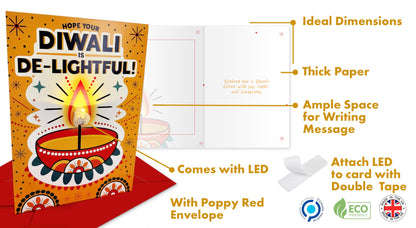 3D Light-Up Diwali Card with Envelope – Eco-Friendly Happy Diwali Card with Diya Design – Perfect for Diwali Decorations, Upto 36 hours light time – Made in UK