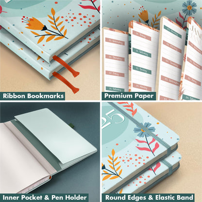 Giftinghouse 2025 Diary A5 Week to View – Glossy Front Round Corners From Jan to Dec 2025 - Diary 2025 with Matching Box - Floral Design, Pocket and Pen Loop. - 15.5 x 21.5 cm