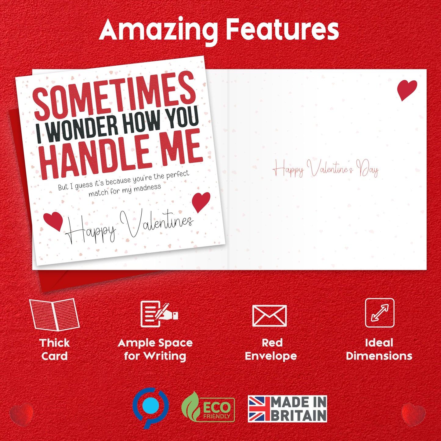 Funny Valentines Day Card – "Sometimes I Wonder How You Handle Me" – Eco-Friendly 150x150mm – Valentines Card for him, Valentines Card Wife, her, Husband, or Fiancé – Premium 350 GSM – Made in the UK
