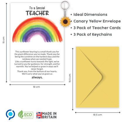 Thank You Teacher Gifts for Women & Men – 3 Pack of Teacher Thank You Card with Sunflower Keyring – End of the year, Leaving, Retirement Gift for Teachers – Rainbow Design – Made in the UK