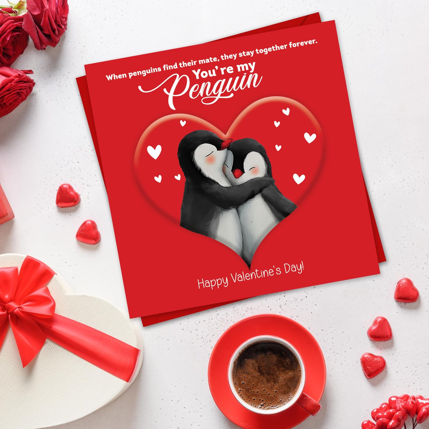 Happy Valentines Day Card – You're My Penguin – Eco-Friendly 15x15 cm – Valentines Card for him, Valentines Card Wife, her, Husband, or Fiancé – Premium 350 GSM – Made in the UK