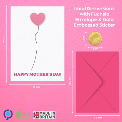 3D Mothers Day Card for Mum | Pink Padded Heart with Embossed Sticker & Pink Envelope | Happy Mother's Day Card from Daughter or Son | 18x13 cm – Eco-Friendly 350 GSM - Made in the UK