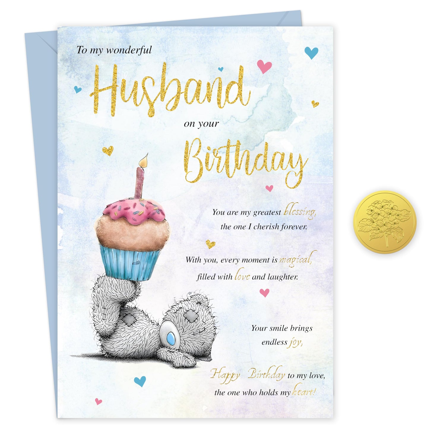 Husband Birthday Card from Wife – Cute Teddy Bear Design – Gold Foil Finish – Birthday Card for Husband – 22 x 15.5 cm – Made in the UK
