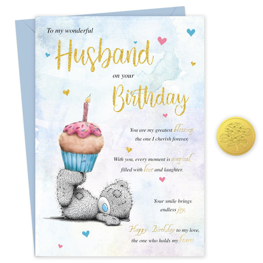 Husband Birthday Card from Wife – Cute Teddy Bear Design – Gold Foil Finish – Birthday Card for Husband – 22 x 15.5 cm – Made in the UK